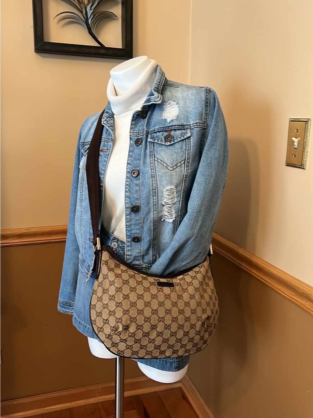 Gucci Beige GG Canvas Crossbody Bag with Brown Trim